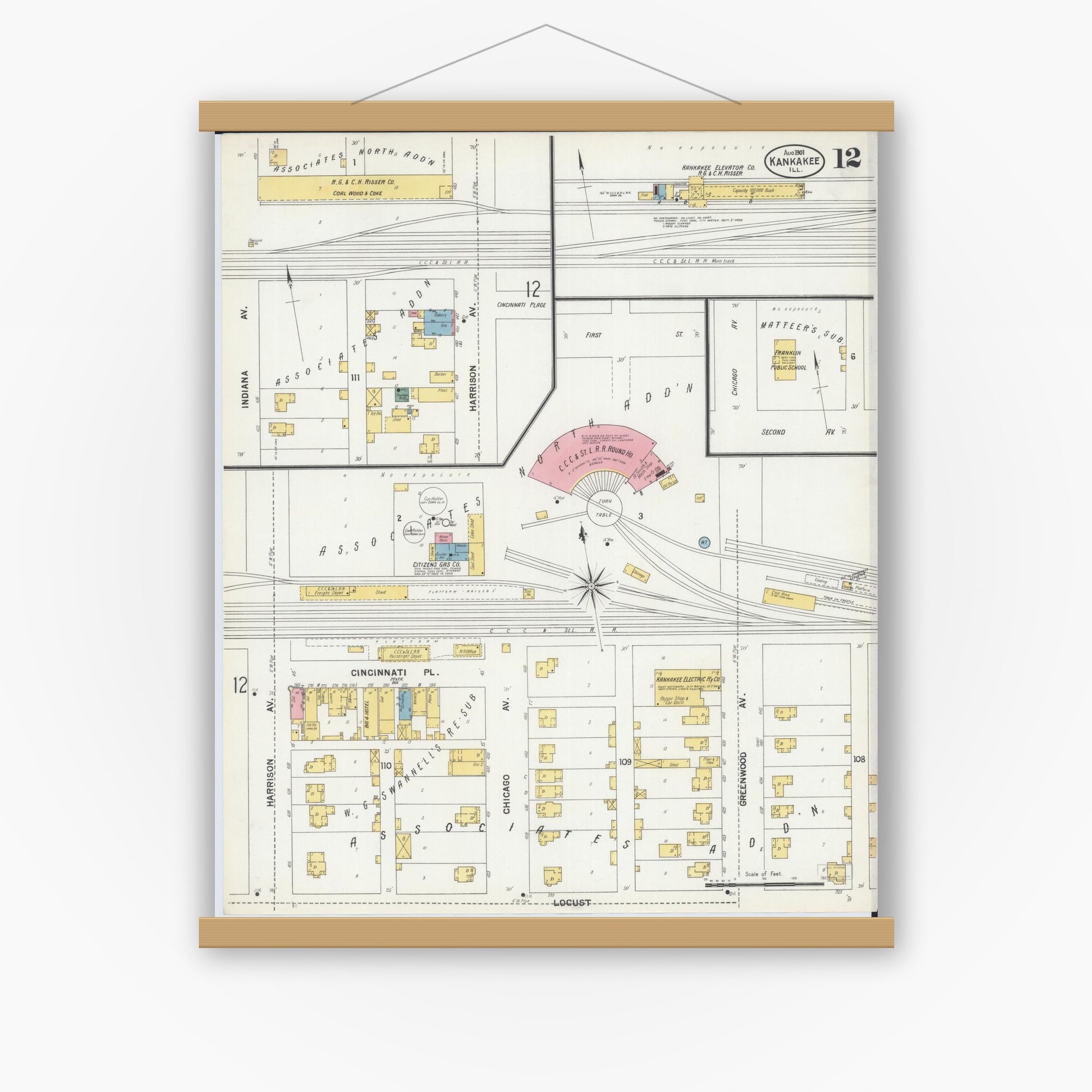 Old map wall art mockup — magnetic wood frame on white wall — Sanborn Fire Insurance Map from Kankakee, Kankakee County, Illinois (1901), Sheet #0012
