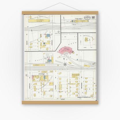 Old map wall art mockup — magnetic wood frame on white wall — Sanborn Fire Insurance Map from Kankakee, Kankakee County, Illinois (1901), Sheet #0012