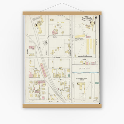 Old map wall art mockup — magnetic wood frame on white wall — Sanborn Fire Insurance Map from Vincennes, Knox County, Indiana (1887), Sheet #0006