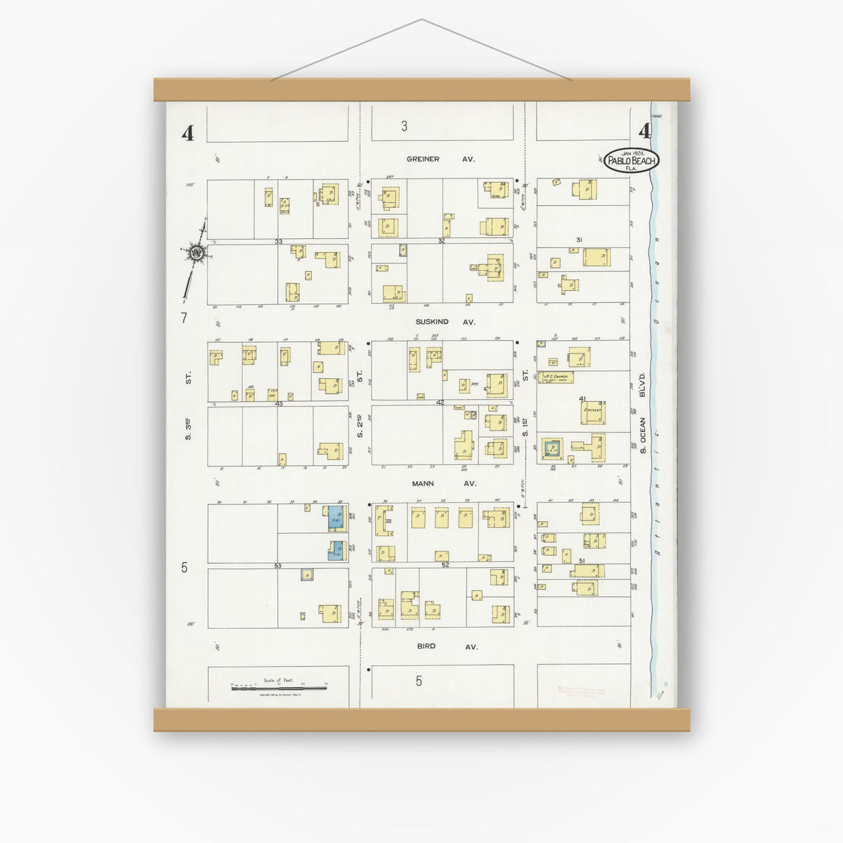 Old map wall art mockup — magnetic wood frame on white wall — Sanborn Fire Insurance Map from Pablo Beach, Duval County, Florida (1924), Sheet #0004