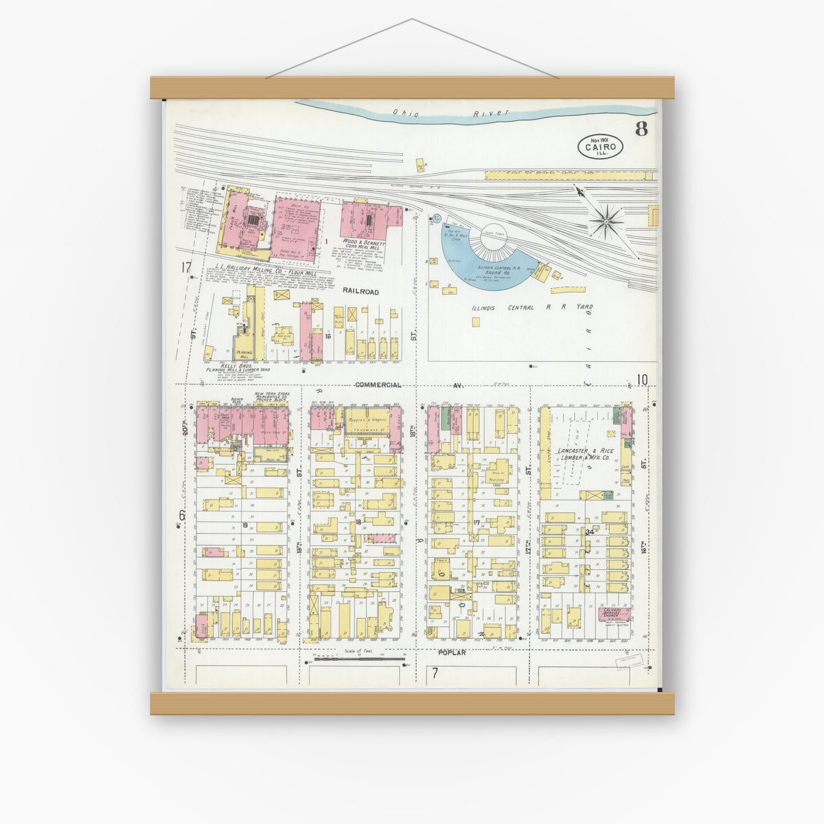 Old map wall art mockup — magnetic wood frame on white wall — Sanborn Fire Insurance Map from Cairo, Alexander County, Illinois (1901), Sheet #0008
