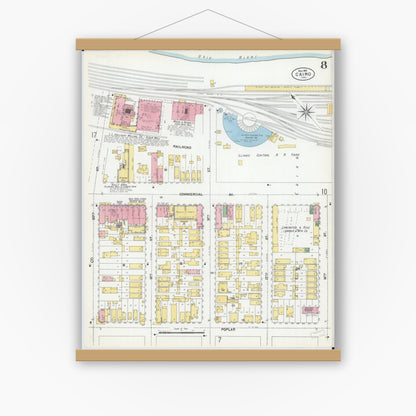 Old map wall art mockup — magnetic wood frame on white wall — Sanborn Fire Insurance Map from Cairo, Alexander County, Illinois (1901), Sheet #0008