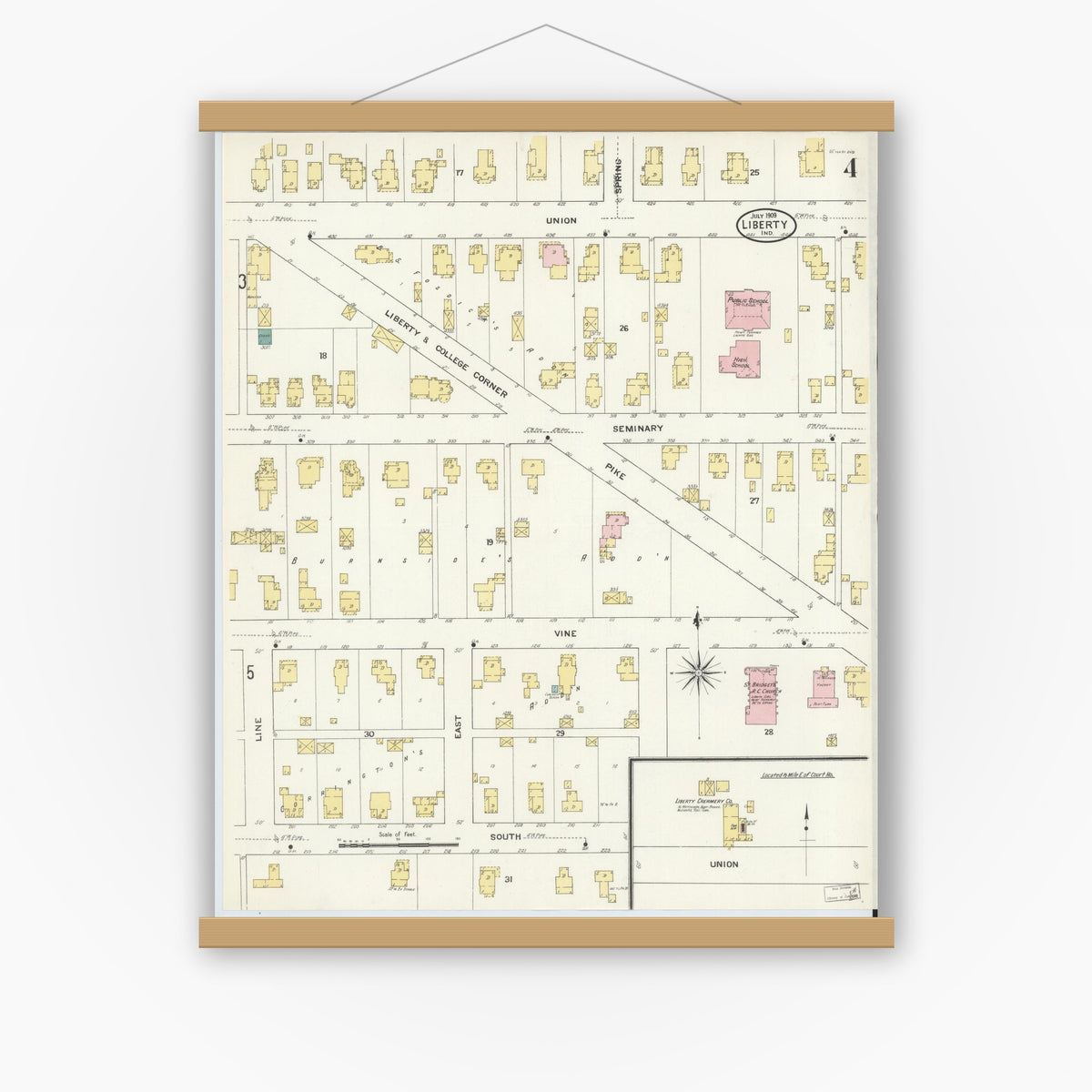 Old map wall art mockup — magnetic wood frame on white wall — Sanborn Fire Insurance Map from Liberty, Union County, Indiana (1909), Sheet #0004