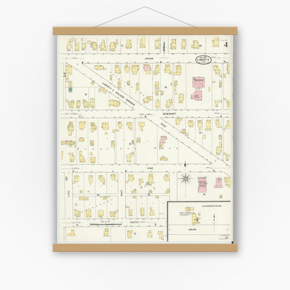 Old map wall art mockup — magnetic wood frame on white wall — Sanborn Fire Insurance Map from Liberty, Union County, Indiana (1909), Sheet #0004