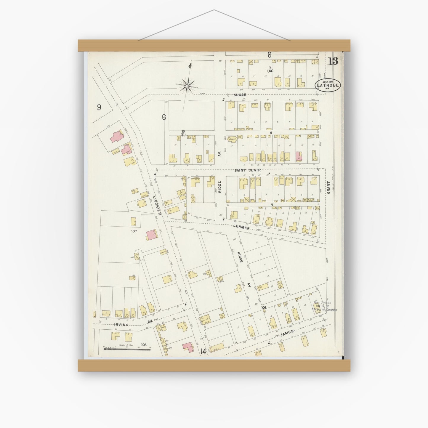 Old map wall art mockup — magnetic wood frame on white wall — Sanborn Fire Insurance Map from Latrobe, Westmoreland County, Pennsylvania (1897), Sheet #0013