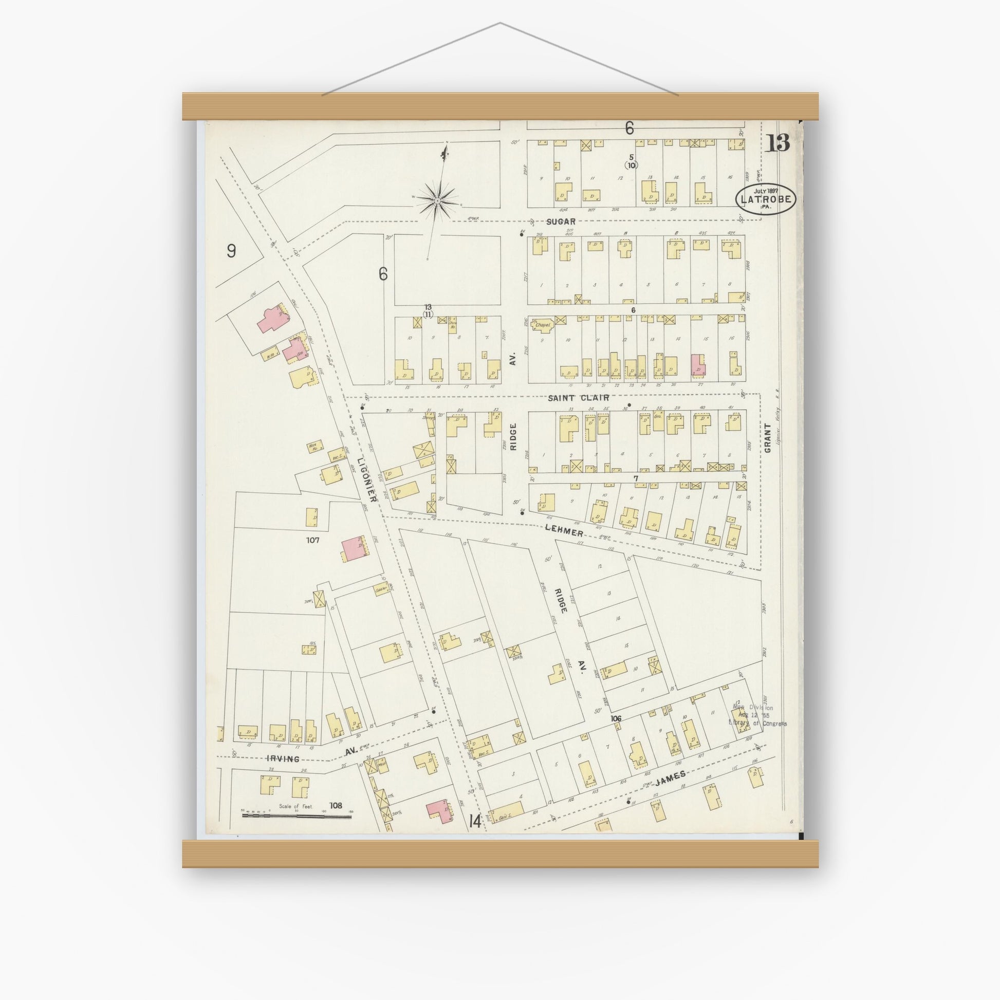 Old map wall art mockup — magnetic wood frame on white wall — Sanborn Fire Insurance Map from Latrobe, Westmoreland County, Pennsylvania (1897), Sheet #0013