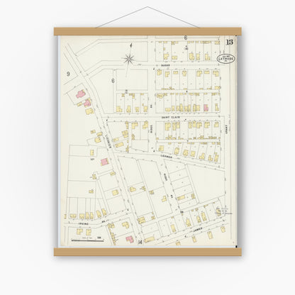 Old map wall art mockup — magnetic wood frame on white wall — Sanborn Fire Insurance Map from Latrobe, Westmoreland County, Pennsylvania (1897), Sheet #0013