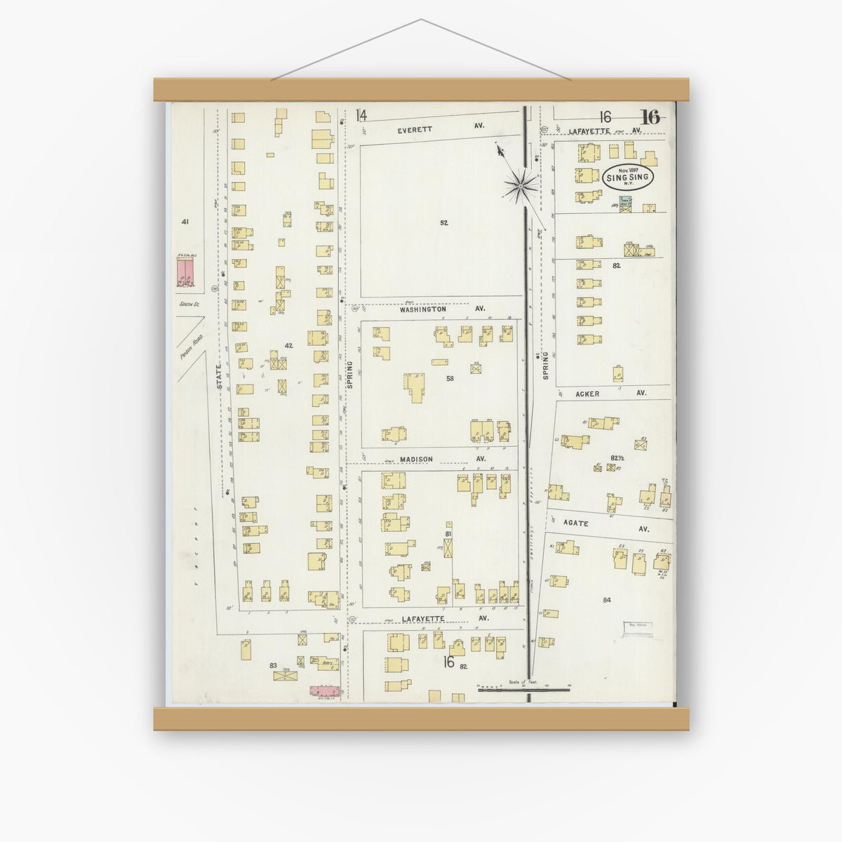 Old map wall art mockup — magnetic wood frame on white wall — Sanborn Fire Insurance Map from Sing Sing, Westchester County, New York (1897), Sheet #0016