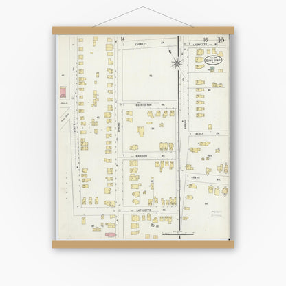 Old map wall art mockup — magnetic wood frame on white wall — Sanborn Fire Insurance Map from Sing Sing, Westchester County, New York (1897), Sheet #0016