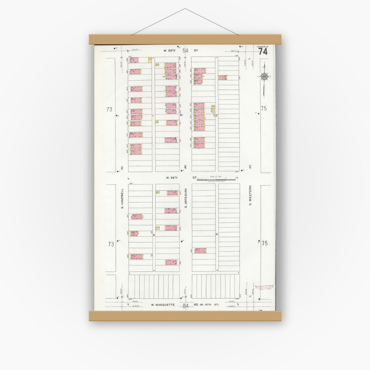 Old map wall art mockup — magnetic wood frame on white wall — Sanborn Fire Insurance Map from Chicago, Cook County, Illinois (1920), Sheet #0074