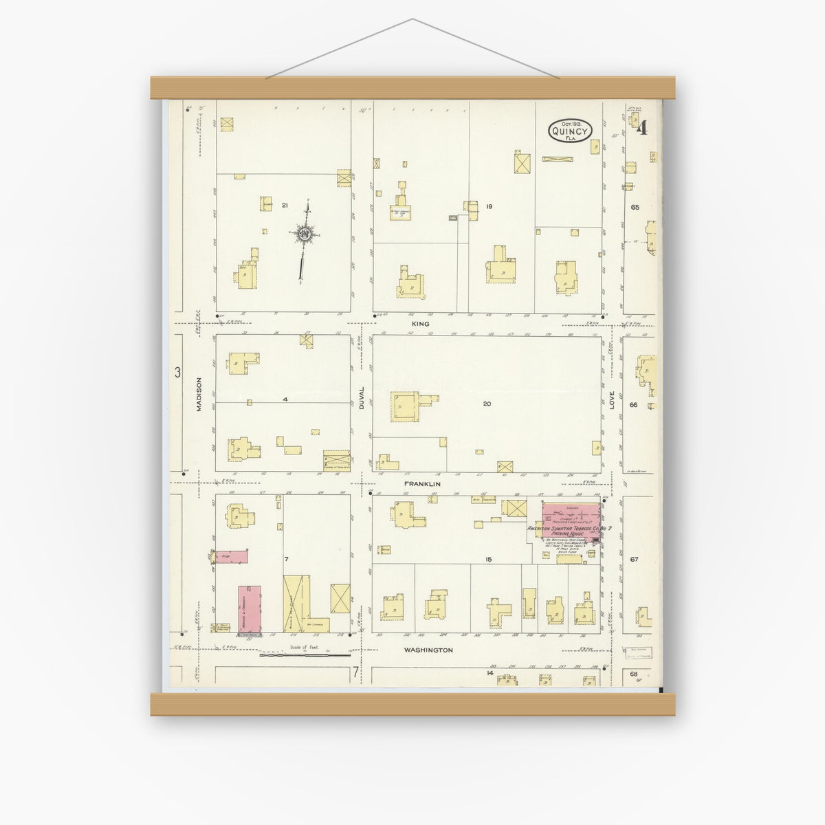 Old map wall art mockup — magnetic wood frame on white wall — Sanborn Fire Insurance Map from Quincy, Gadsden County, Florida (1913), Sheet #0004