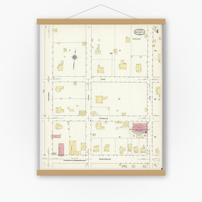 Old map wall art mockup — magnetic wood frame on white wall — Sanborn Fire Insurance Map from Quincy, Gadsden County, Florida (1913), Sheet #0004