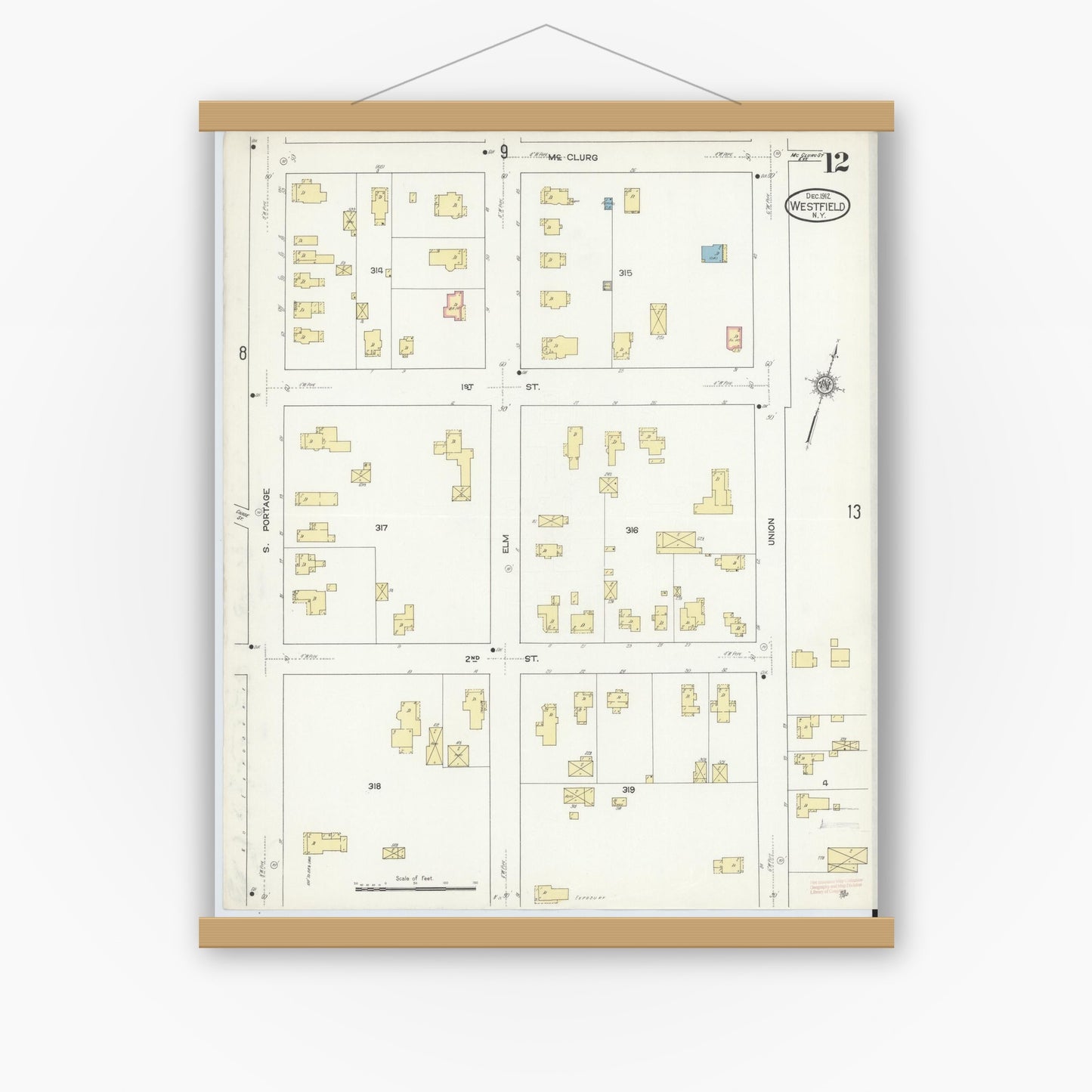 Old map wall art mockup — magnetic wood frame on white wall — Sanborn Fire Insurance Map from Westfield, Chautauqua County, New York (1912), Sheet #0012