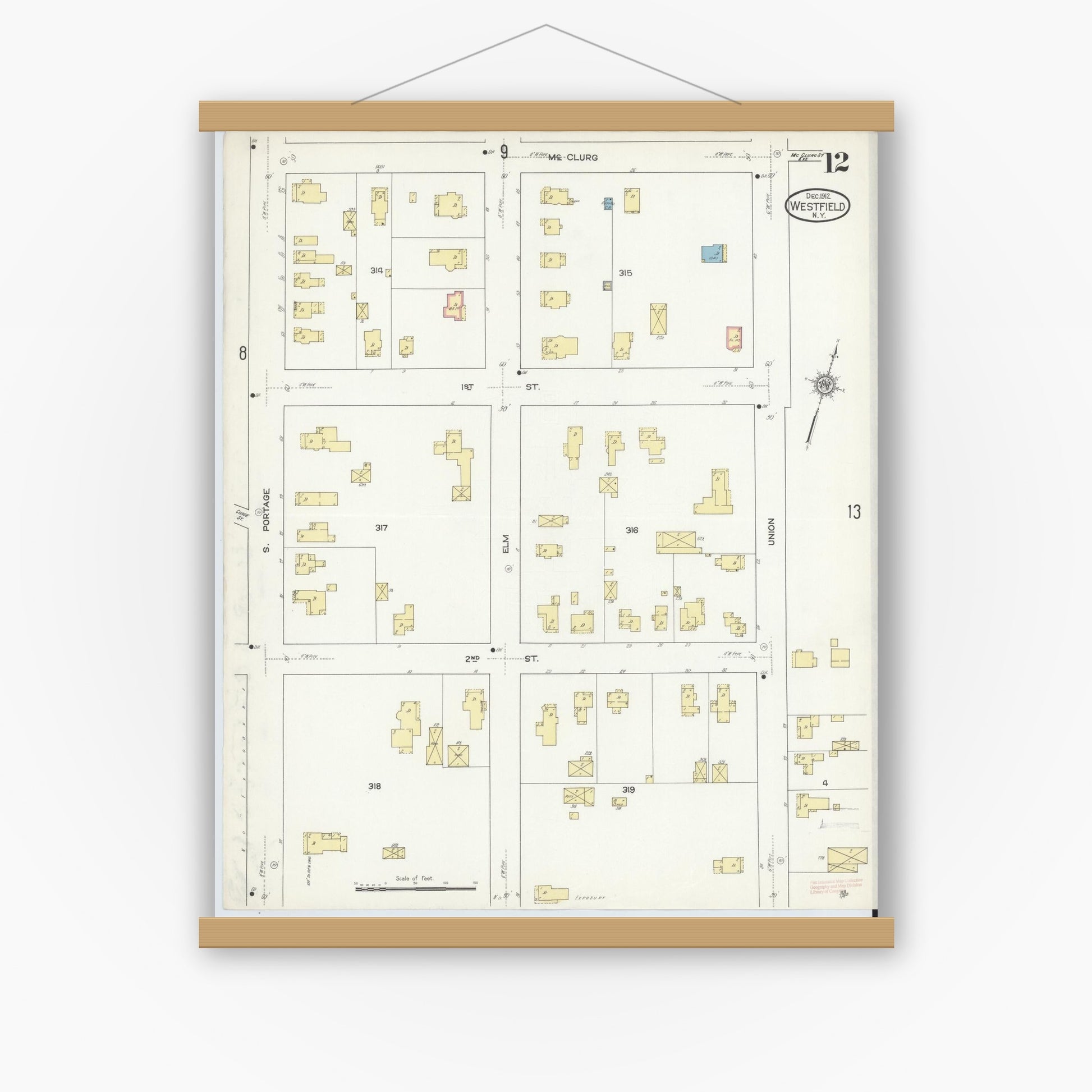 Old map wall art mockup — magnetic wood frame on white wall — Sanborn Fire Insurance Map from Westfield, Chautauqua County, New York (1912), Sheet #0012