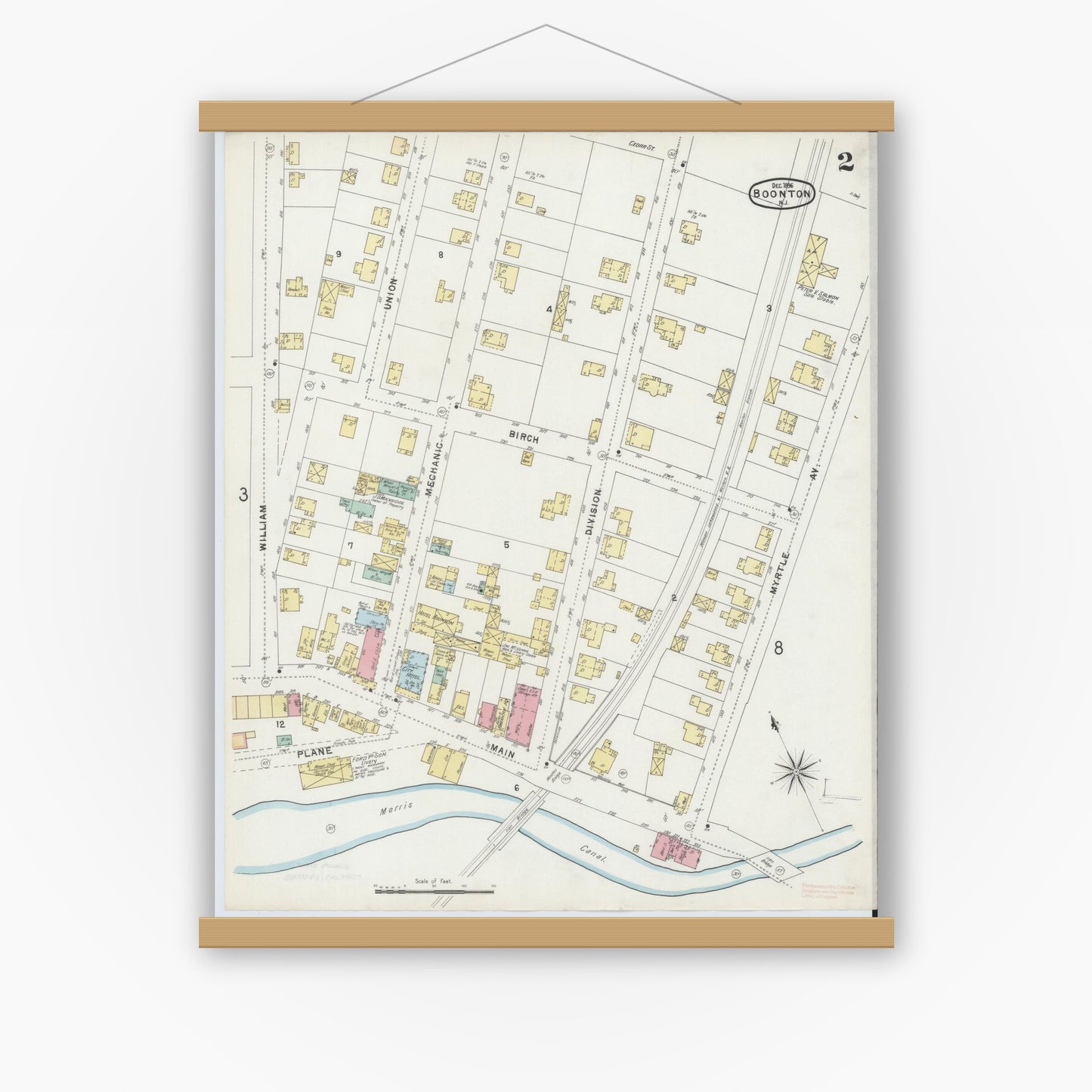 Old map wall art mockup — magnetic wood frame on white wall — Sanborn Fire Insurance Map from Boonton, Morris County, New Jersey (1896), Sheet #0002
