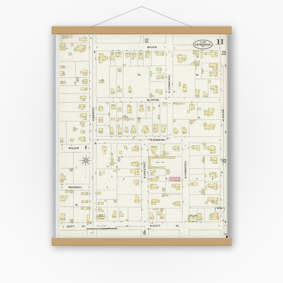 Old map wall art mockup — magnetic wood frame on white wall — Sanborn Fire Insurance Map from Gainesville, Cooke County, Texas (1897), Sheet #0011