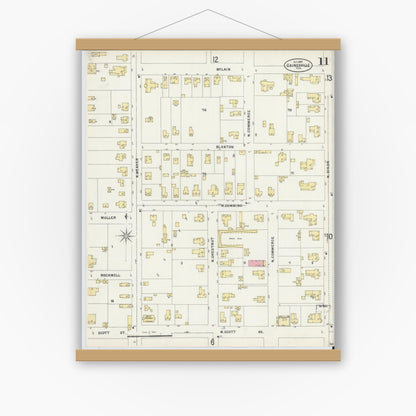 Old map wall art mockup — magnetic wood frame on white wall — Sanborn Fire Insurance Map from Gainesville, Cooke County, Texas (1897), Sheet #0011