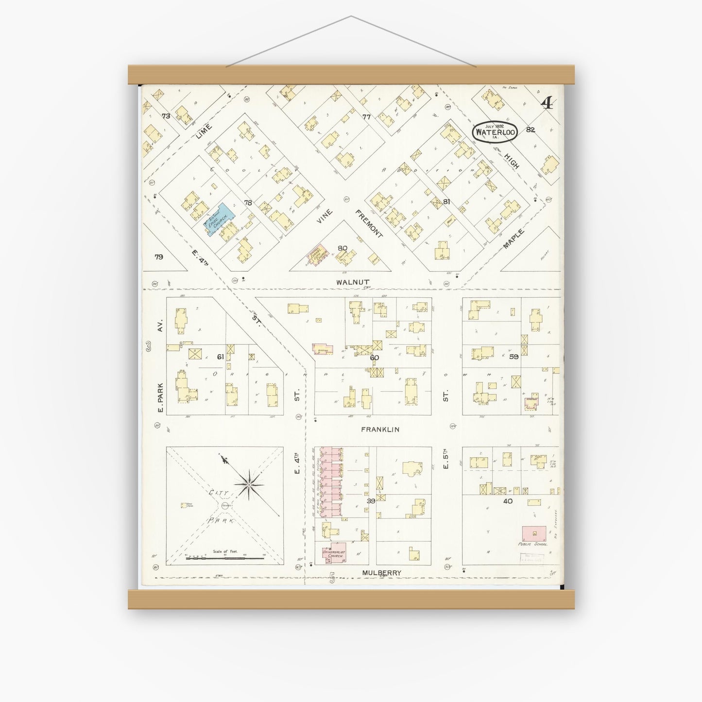 Old map wall art mockup — magnetic wood frame on white wall — Sanborn Fire Insurance Map from Waterloo, Black Hawk County, Iowa (1892), Sheet #0004