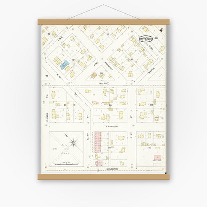 Old map wall art mockup — magnetic wood frame on white wall — Sanborn Fire Insurance Map from Waterloo, Black Hawk County, Iowa (1892), Sheet #0004