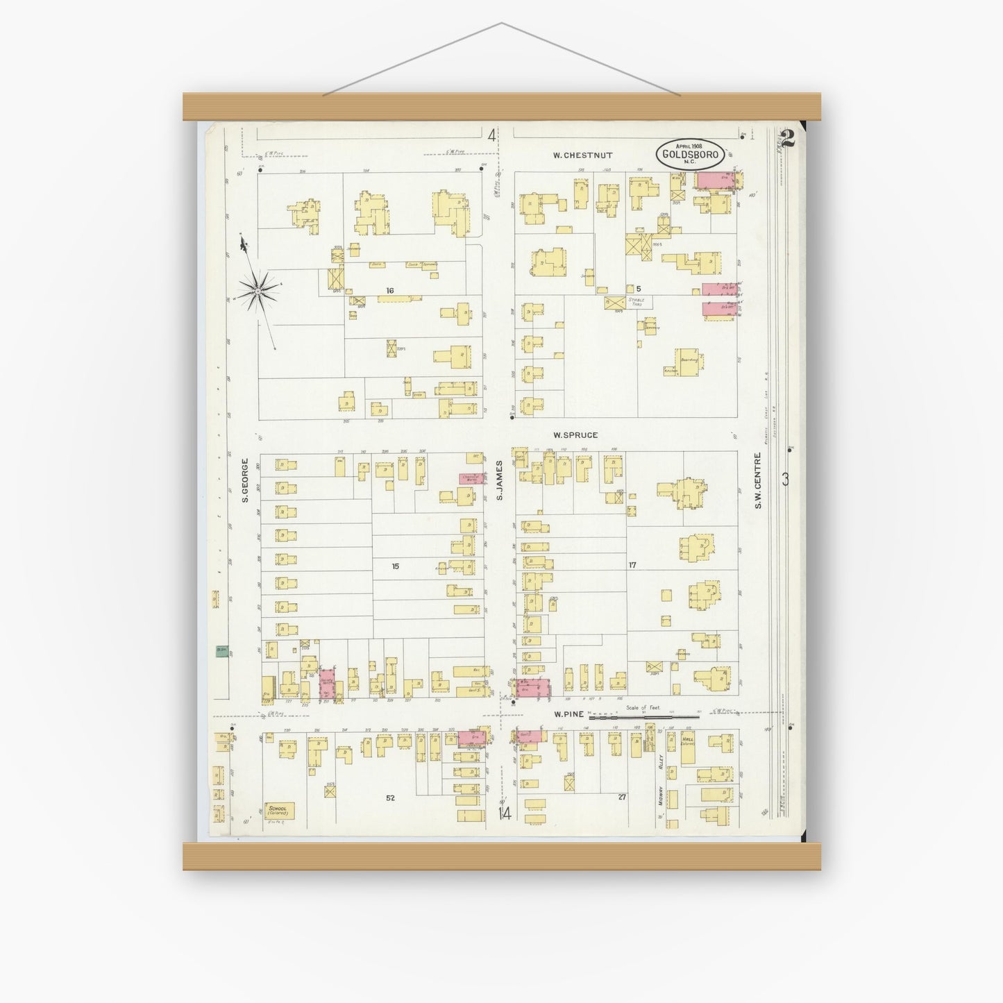 Old map wall art mockup — magnetic wood frame on white wall — Sanborn Fire Insurance Map from Goldsboro, Wayne County, North Carolina (1908), Sheet #0002