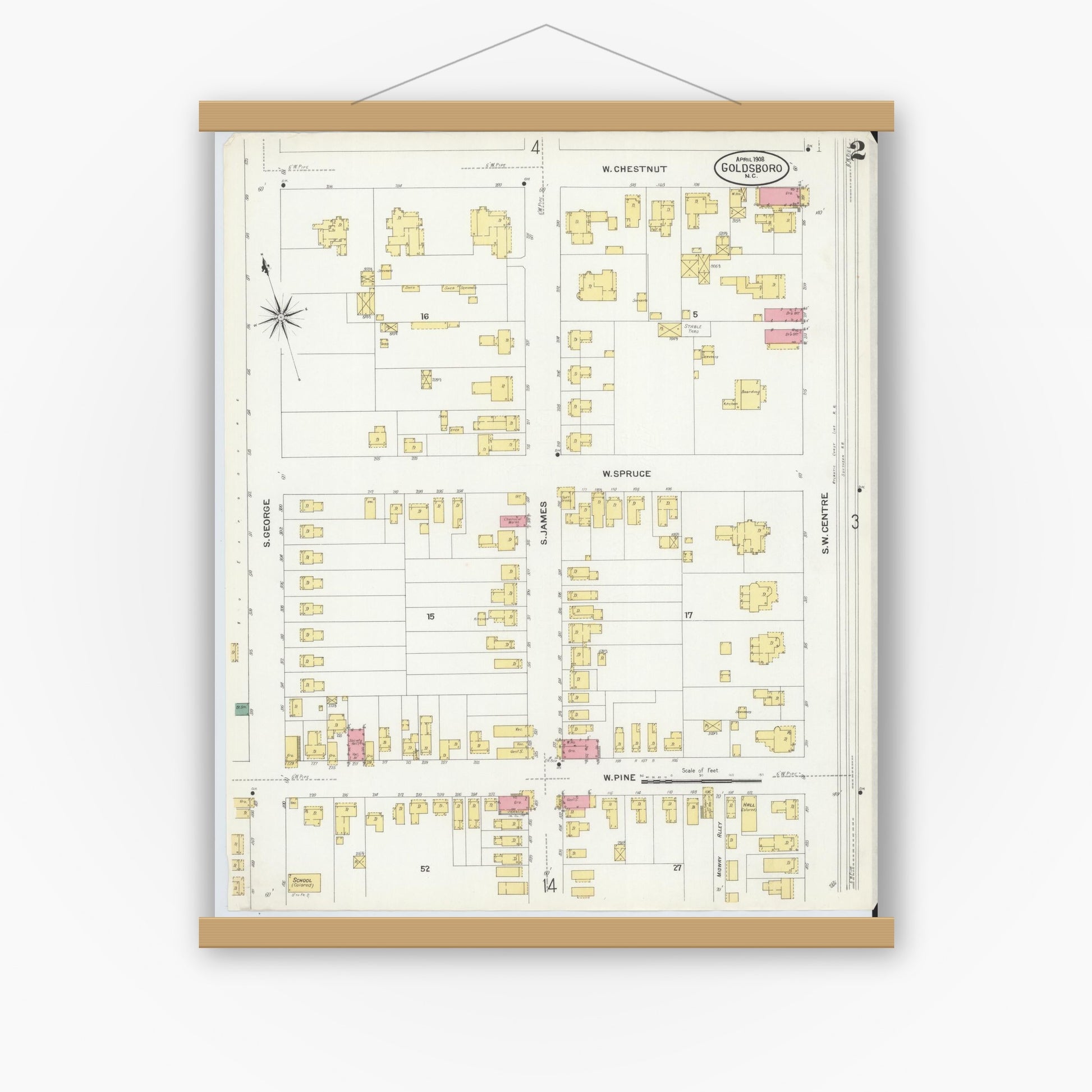 Old map wall art mockup — magnetic wood frame on white wall — Sanborn Fire Insurance Map from Goldsboro, Wayne County, North Carolina (1908), Sheet #0002