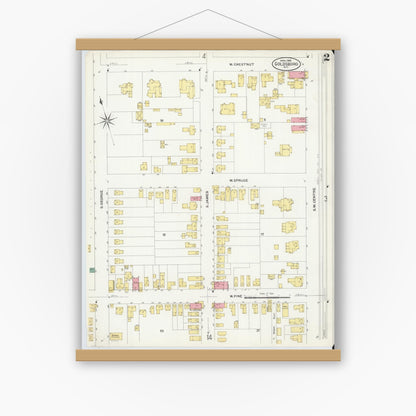 Old map wall art mockup — magnetic wood frame on white wall — Sanborn Fire Insurance Map from Goldsboro, Wayne County, North Carolina (1908), Sheet #0002