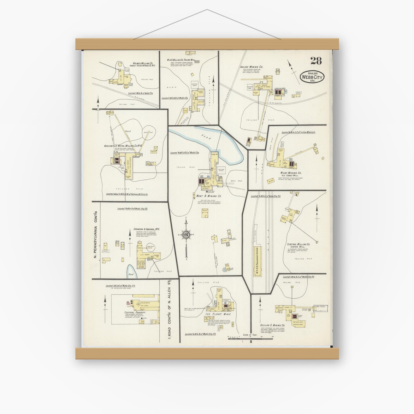 Old map wall art mockup — magnetic wood frame on white wall — Sanborn Fire Insurance Map from Webb City, Jasper County, Missouri (1915), Sheet #0028