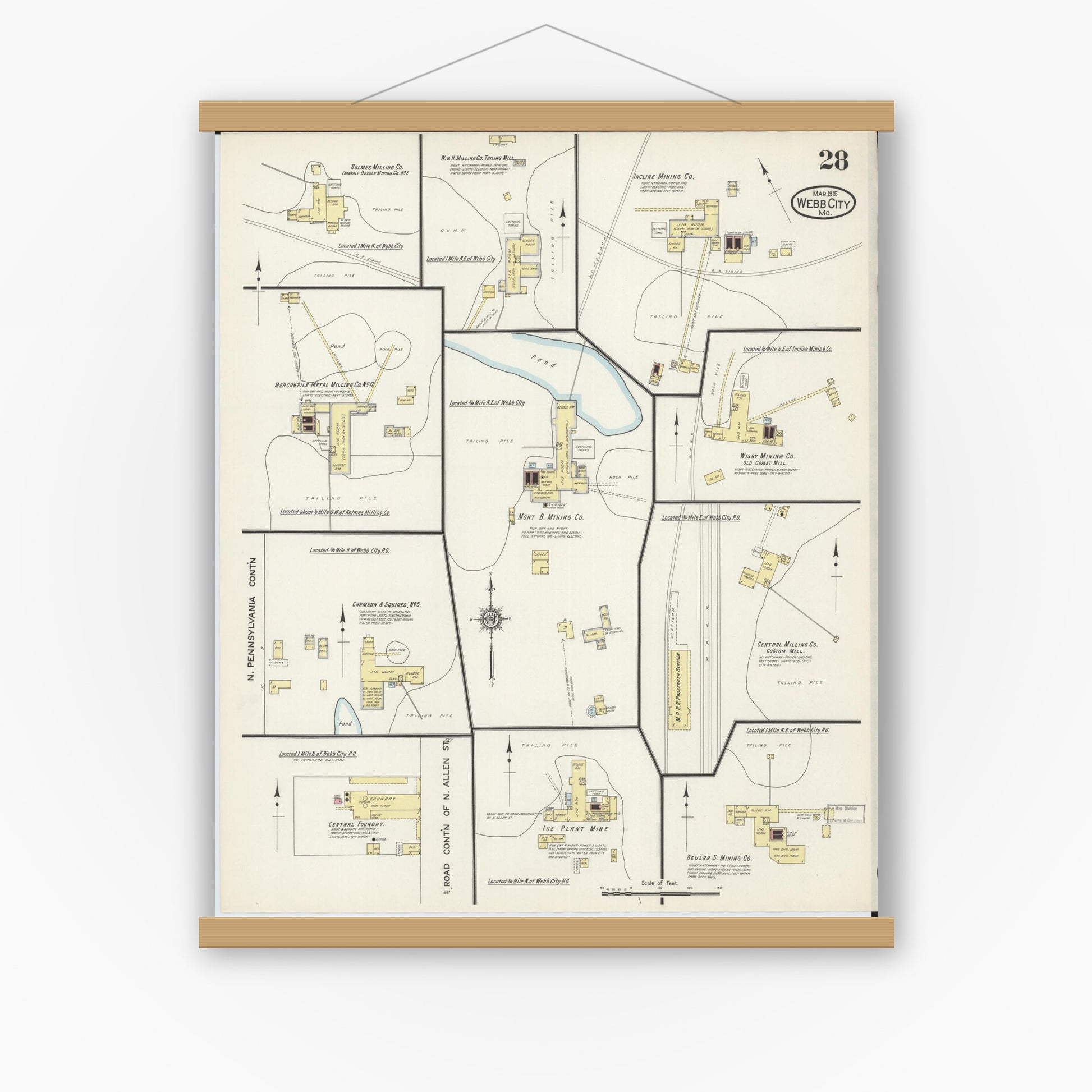 Old map wall art mockup — magnetic wood frame on white wall — Sanborn Fire Insurance Map from Webb City, Jasper County, Missouri (1915), Sheet #0028