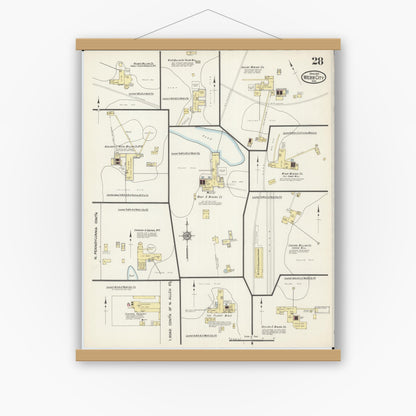 Old map wall art mockup — magnetic wood frame on white wall — Sanborn Fire Insurance Map from Webb City, Jasper County, Missouri (1915), Sheet #0028