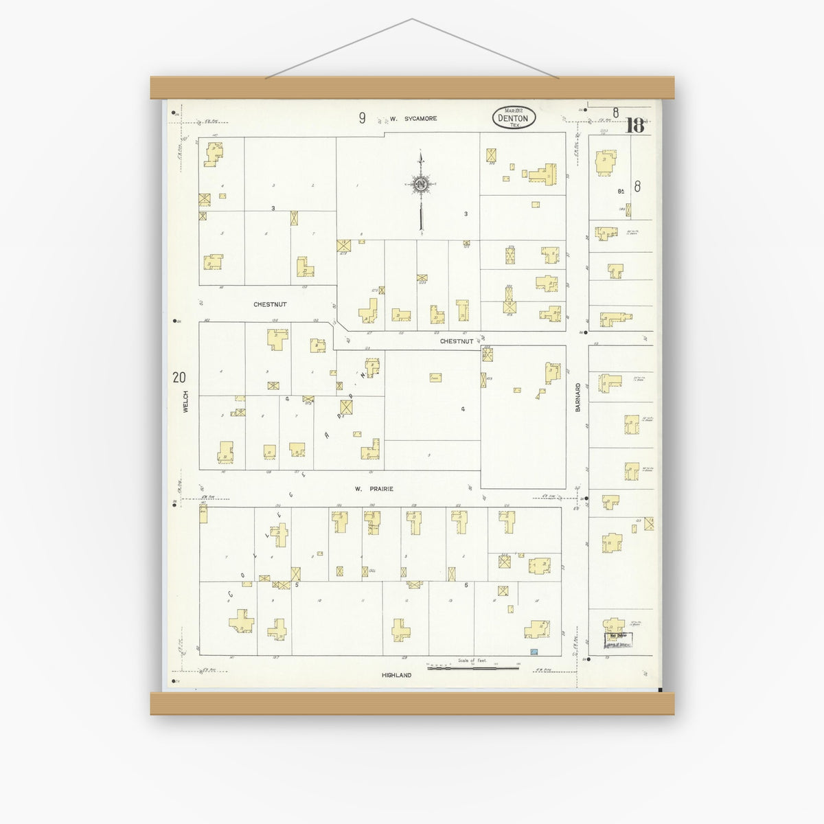Old map wall art mockup — magnetic wood frame on white wall — Sanborn Fire Insurance Map from Denton, Denton County, Texas (1912), Sheet #0018