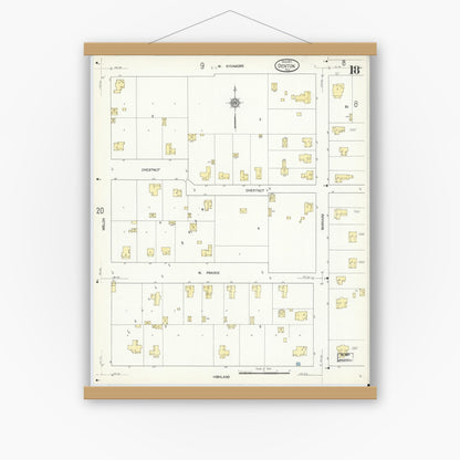 Old map wall art mockup — magnetic wood frame on white wall — Sanborn Fire Insurance Map from Denton, Denton County, Texas (1912), Sheet #0018