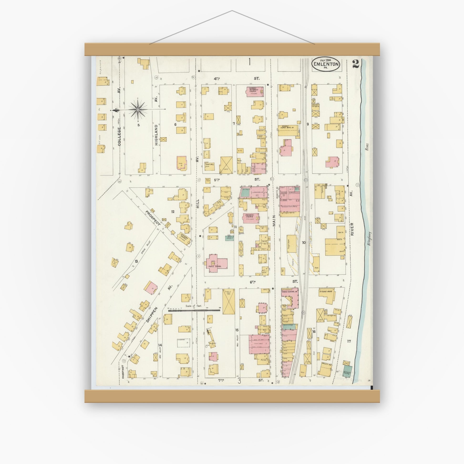 Old map wall art mockup — magnetic wood frame on white wall — Sanborn Fire Insurance Map from Emlenton, Venango County, Pennsylvania (1904), Sheet #0002