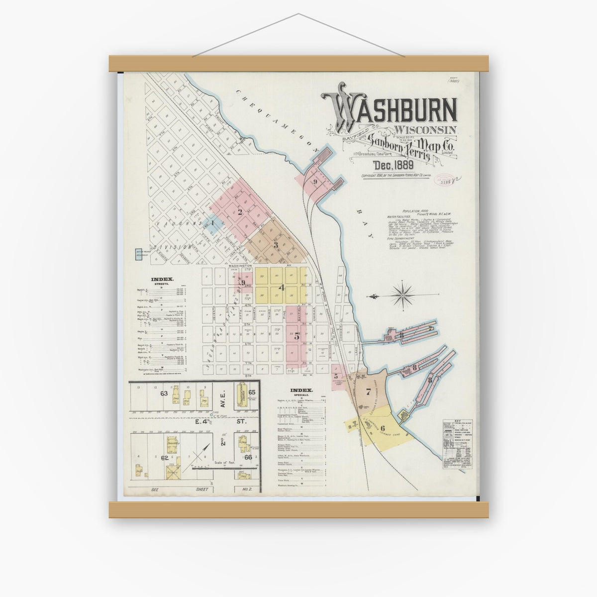Old map wall art mockup — magnetic wood frame on white wall — Sanborn Fire Insurance Map from Washburn, Bayfield County, Wisconsin (1889), Sheet #0001