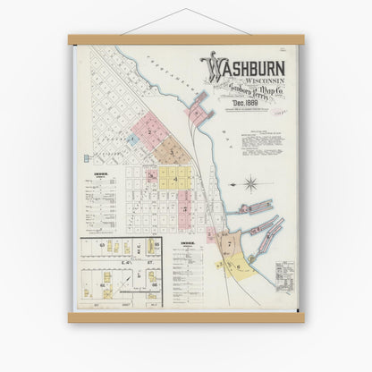 Old map wall art mockup — magnetic wood frame on white wall — Sanborn Fire Insurance Map from Washburn, Bayfield County, Wisconsin (1889), Sheet #0001