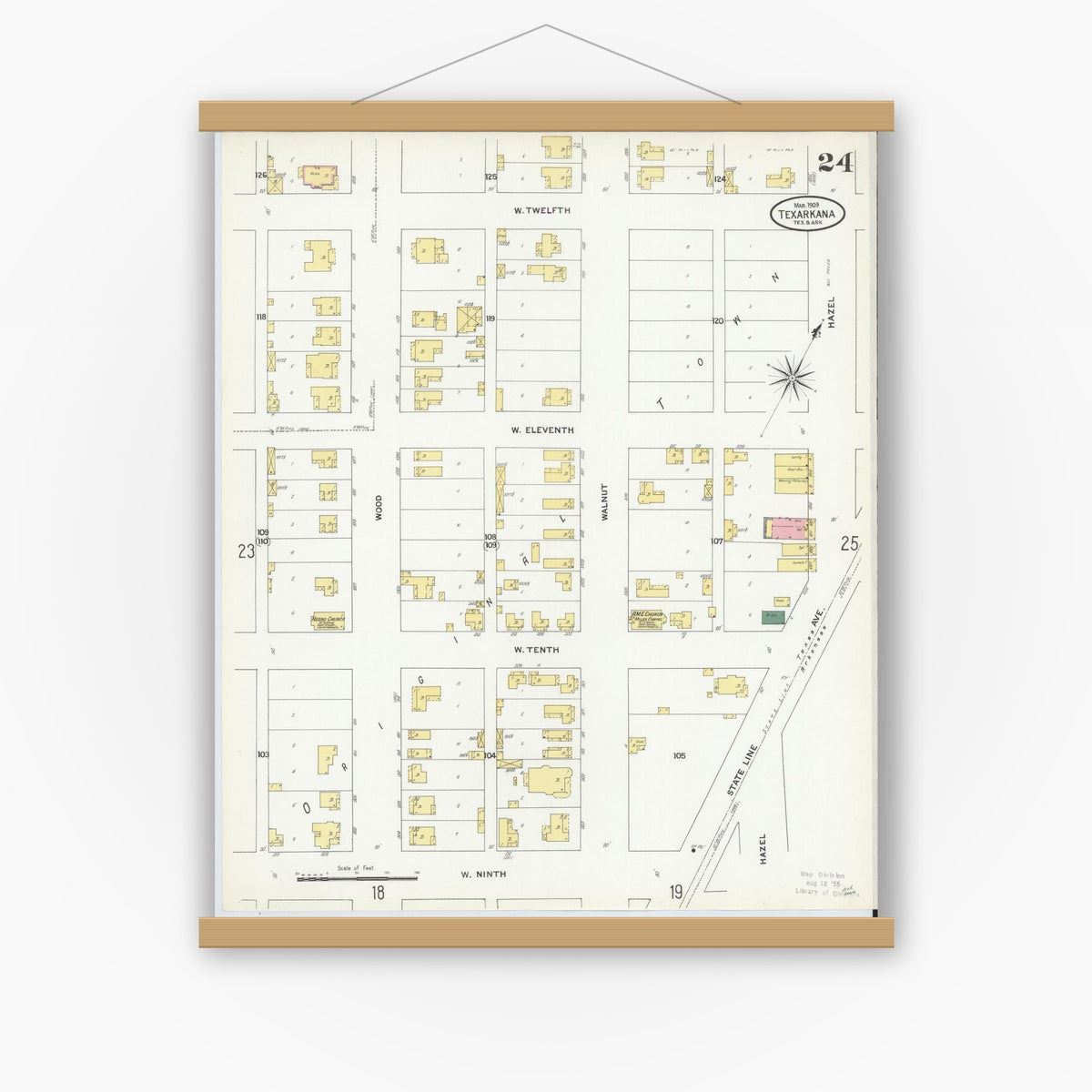 Old map wall art mockup — magnetic wood frame on white wall — Sanborn Fire Insurance Map from Texarkana, Bowie County, Texas (1909), Sheet #0024