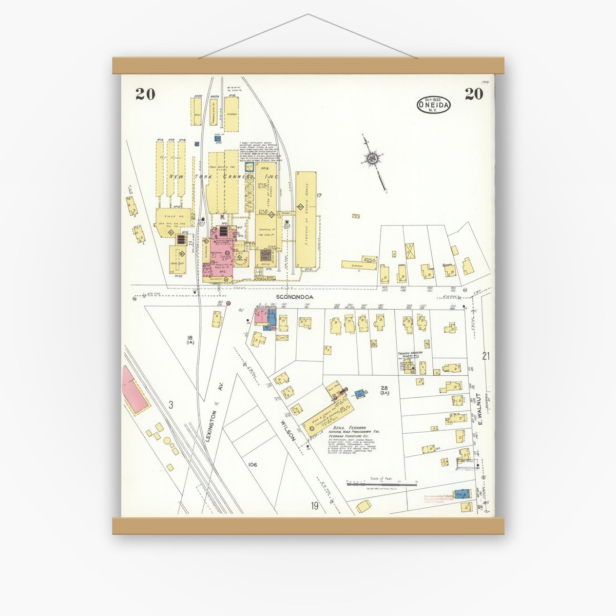 Old map wall art mockup — magnetic wood frame on white wall — Sanborn Fire Insurance Map from Oneida, Madison County, New York (1923), Sheet #0020