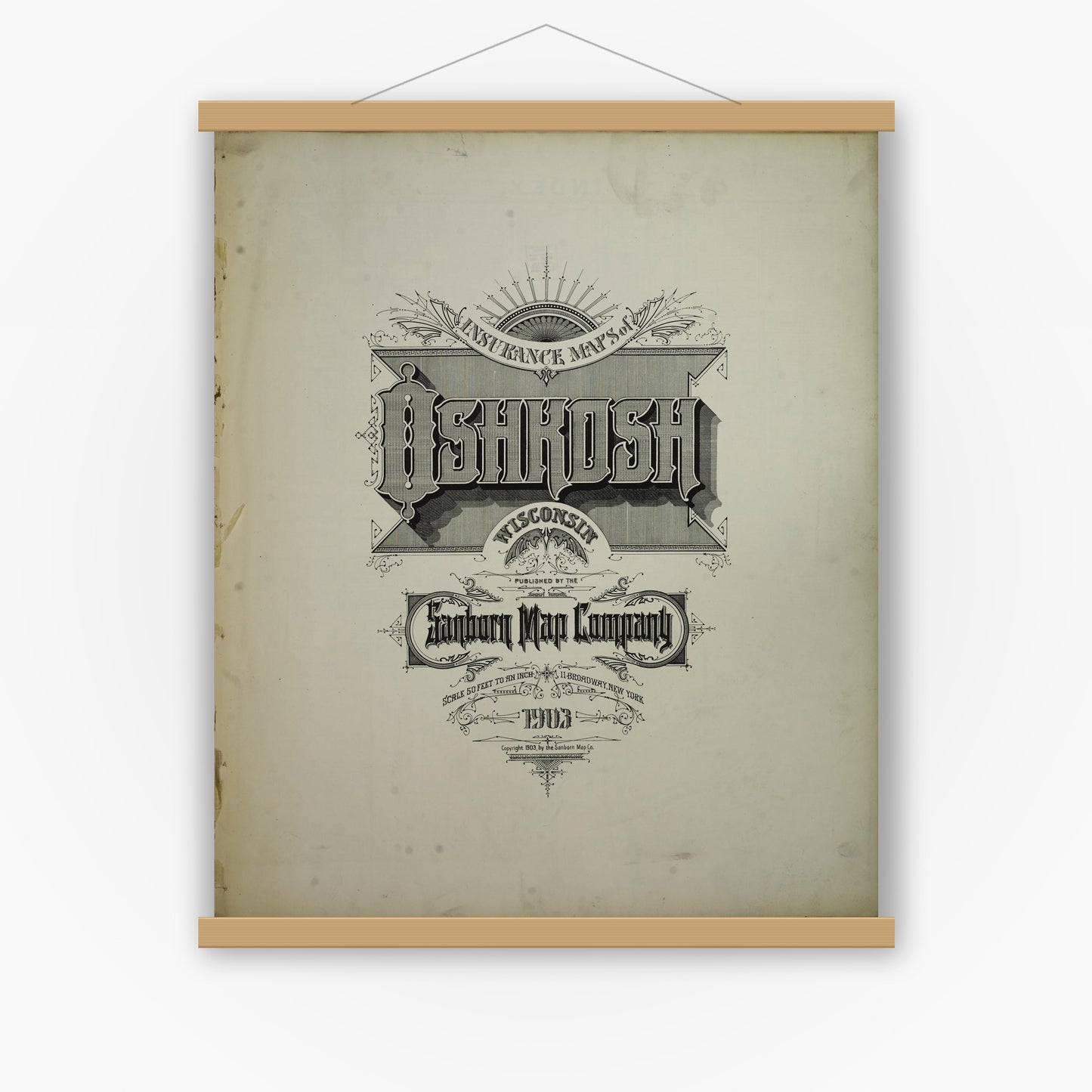 Old map wall art mockup — magnetic wood frame on white wall — Sanborn Fire Insurance Map from Oshkosh, Winnebago County, Wisconsin (1903), Sheet #0001