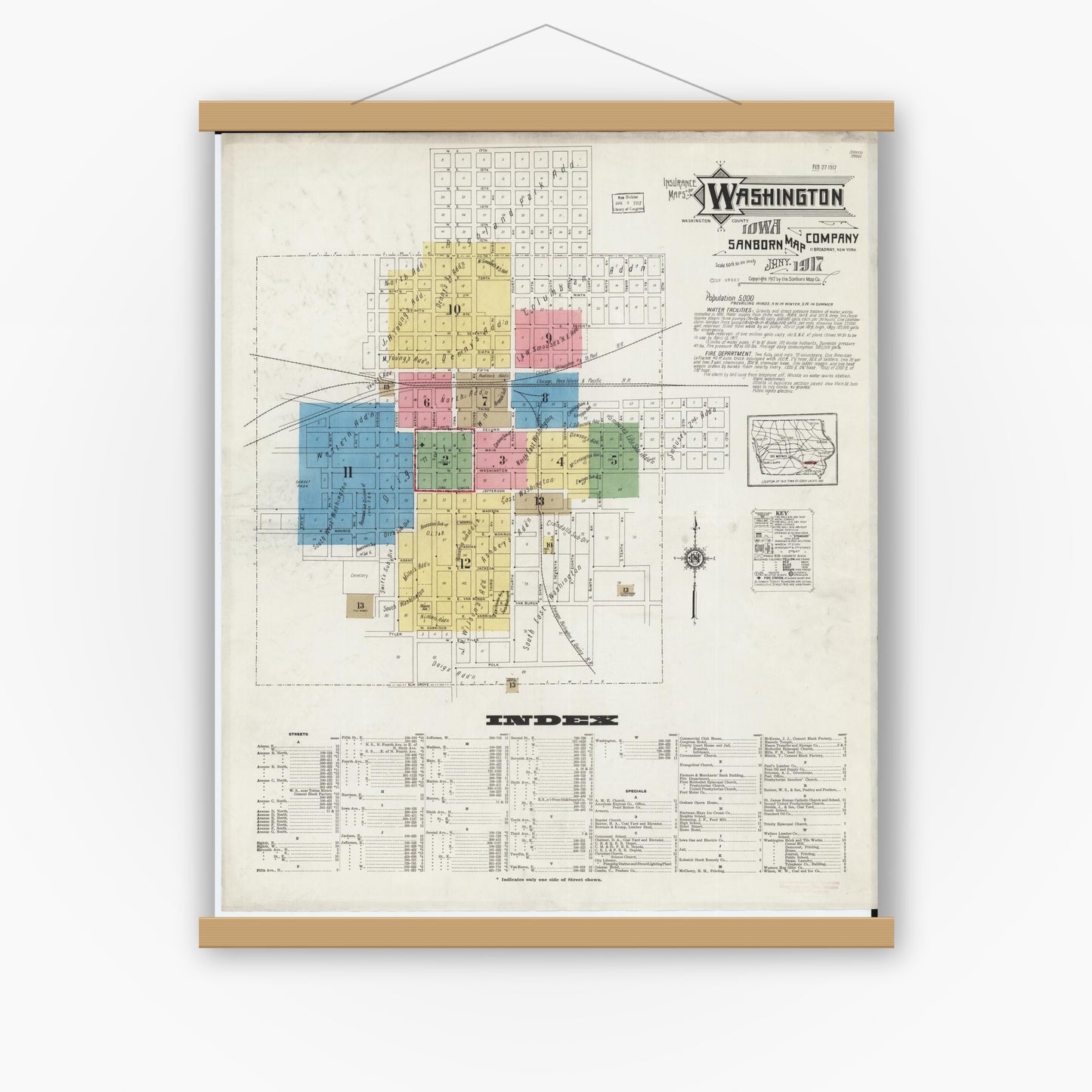 Old map wall art mockup — magnetic wood frame on white wall — Sanborn Fire Insurance Map from Washington, Washington County, Iowa (1917) â€” Complete Set