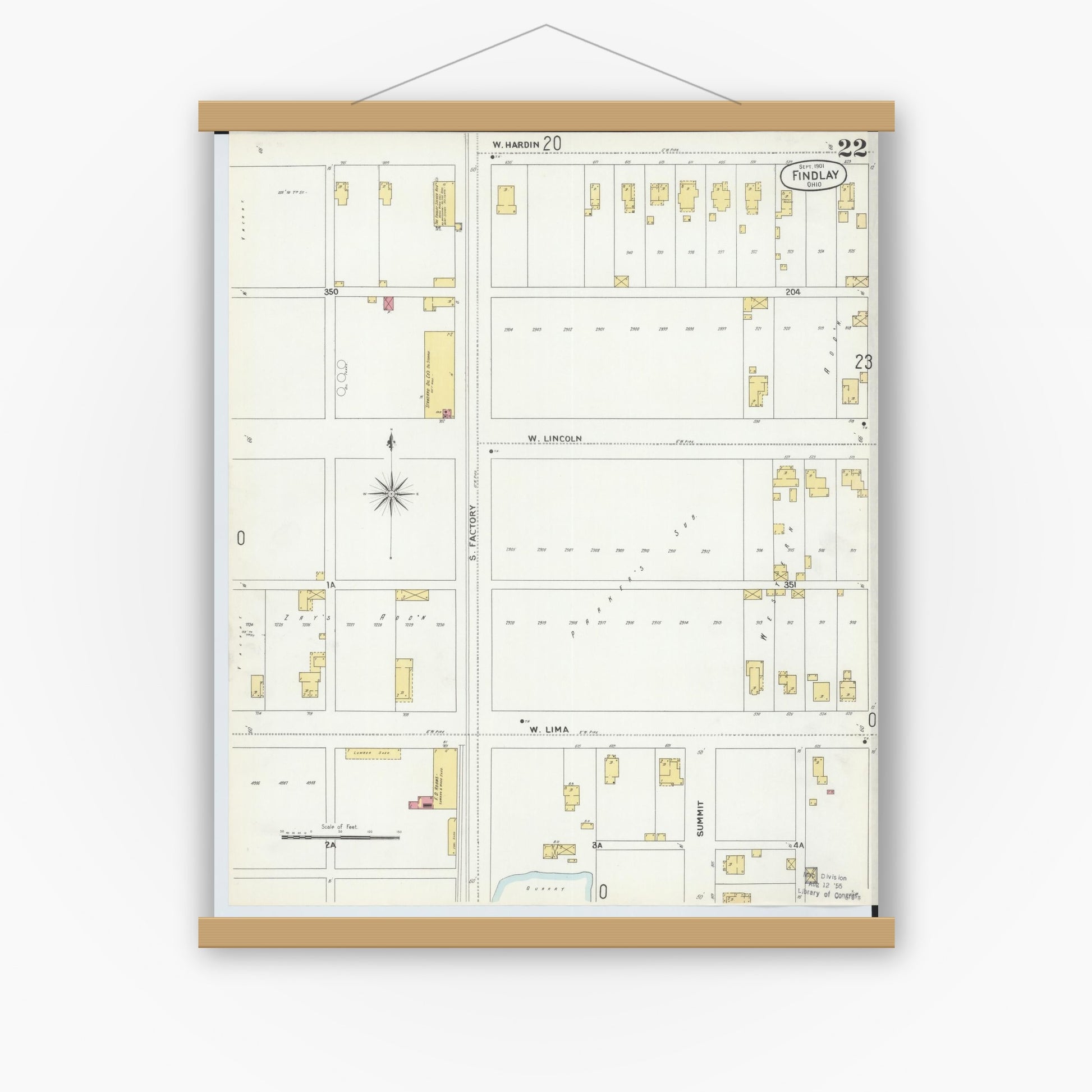 Old map wall art mockup — magnetic wood frame on white wall — Sanborn Fire Insurance Map from Findlay, Hancock County, Ohio (1901), Sheet #0022
