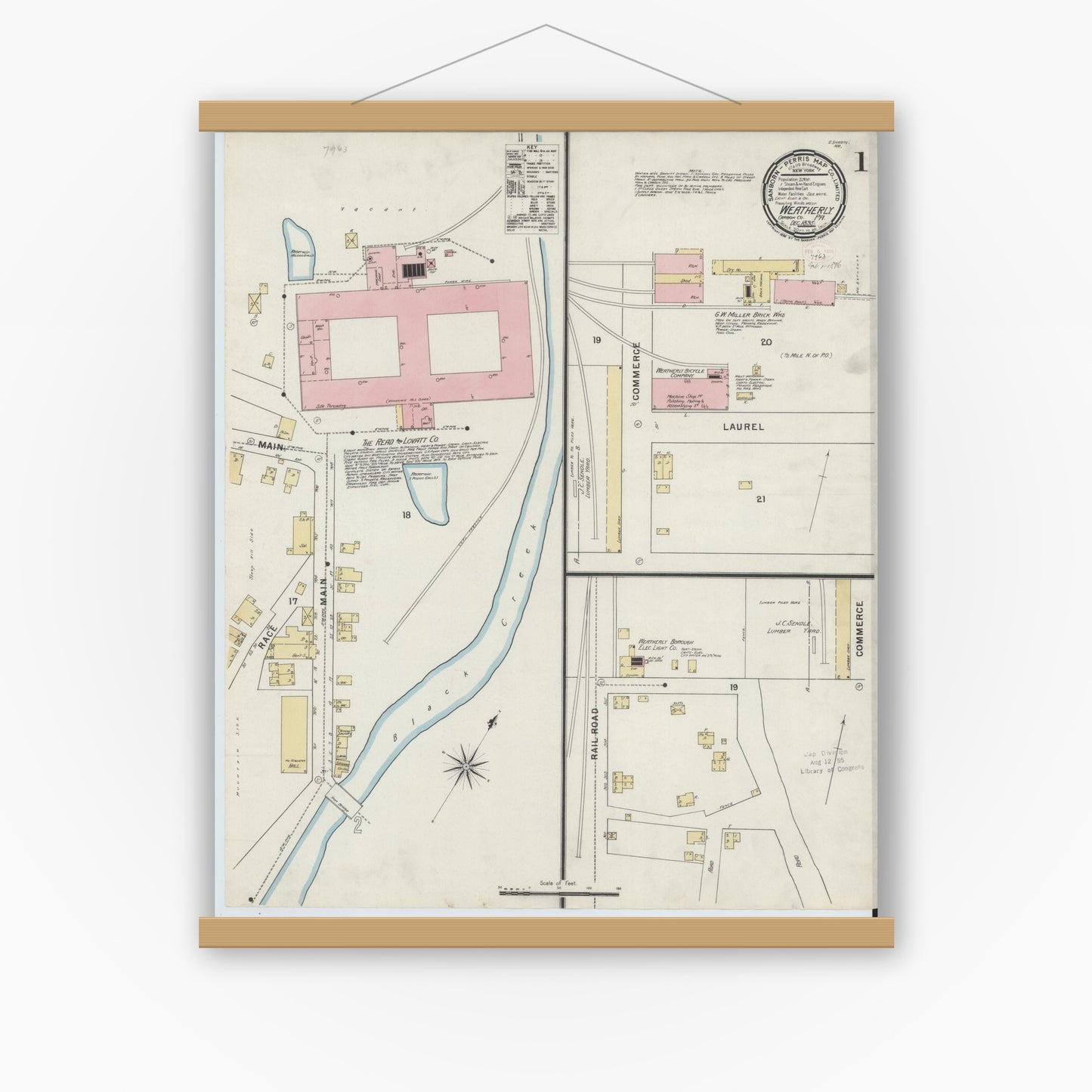 Old map wall art mockup — magnetic wood frame on white wall — Sanborn Fire Insurance Map from Weatherly, Carbon County, Pennsylvania (1895) - Complete Map Set