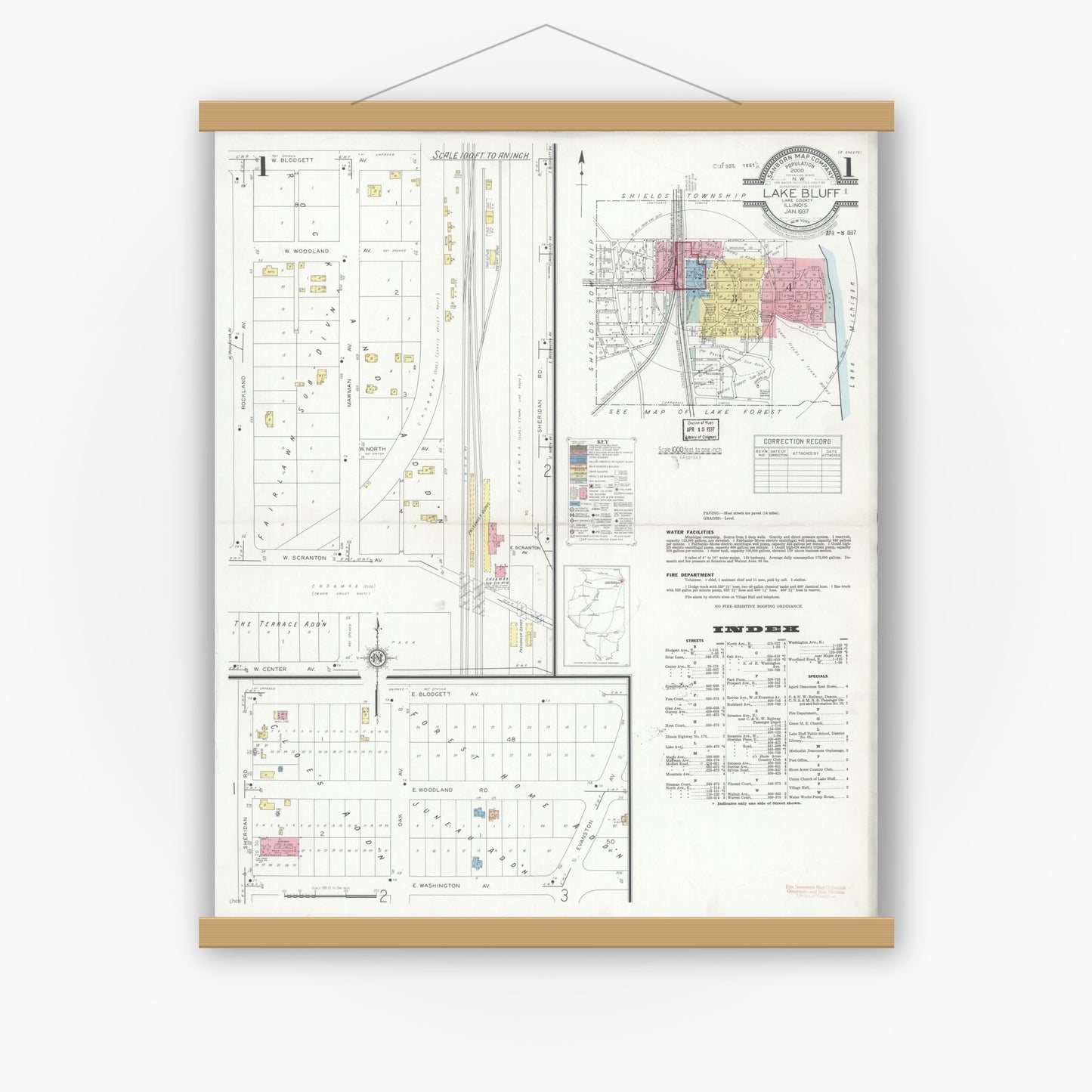 Old map wall art mockup — magnetic wood frame on white wall — Sanborn Fire Insurance Map from Lake Bluff, Lake County, Illinois (1937) - Complete Map Set