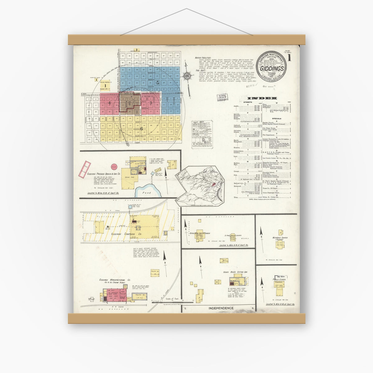 Old map wall art mockup — magnetic wood frame on white wall — Sanborn Fire Insurance Map from Giddings, Lee County, Texas (1921), Sheet #0001