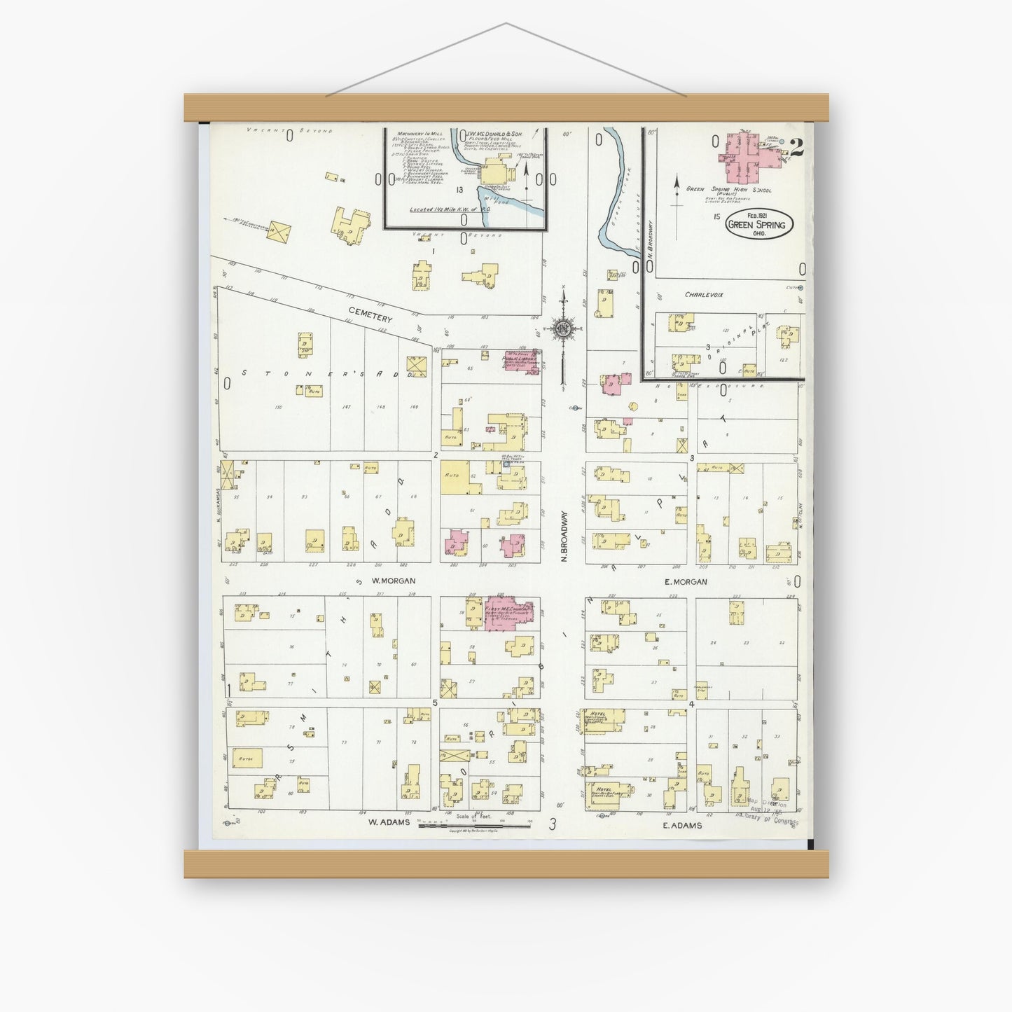Old map wall art mockup — magnetic wood frame on white wall — Sanborn Fire Insurance Map from Green Springs, Sandusky And Seneca Counties, Ohio (1921), Sheet #0002