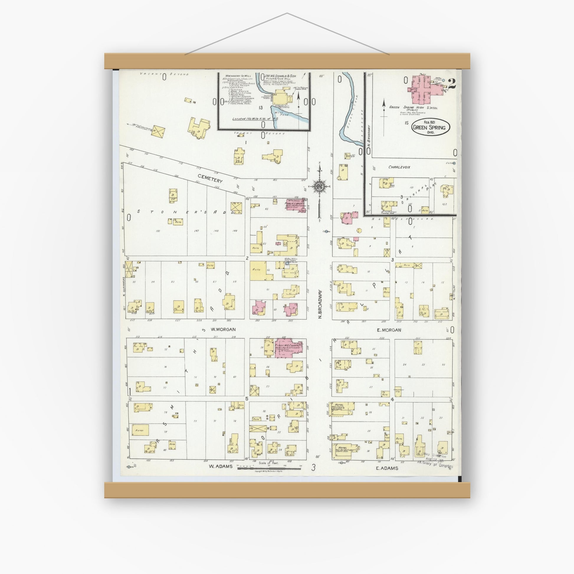 Old map wall art mockup — magnetic wood frame on white wall — Sanborn Fire Insurance Map from Green Springs, Sandusky And Seneca Counties, Ohio (1921), Sheet #0002