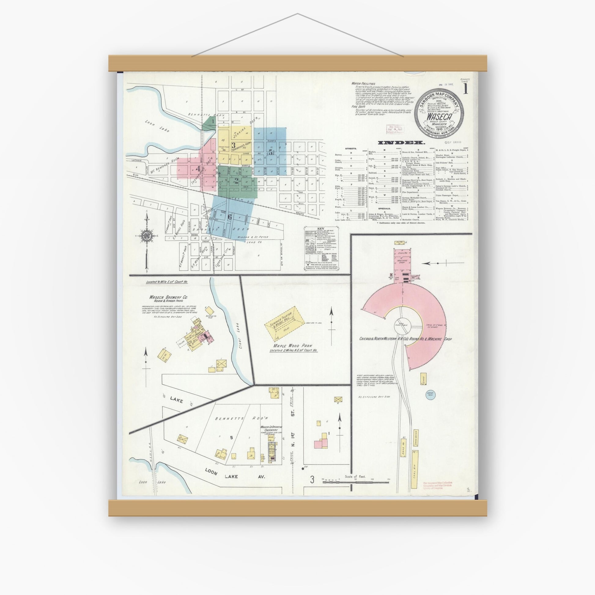 Old map wall art mockup — magnetic wood frame on white wall — Sanborn Fire Insurance Map from Waseca, Waseca County, Minnesota (1910), Sheet #0001