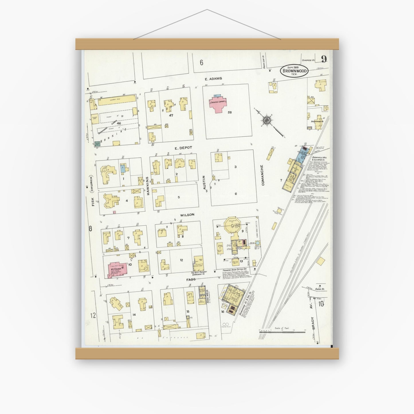Old map wall art mockup — magnetic wood frame on white wall — Sanborn Fire Insurance Map from Brownwood, Brown County, Texas (1909), Sheet #0009