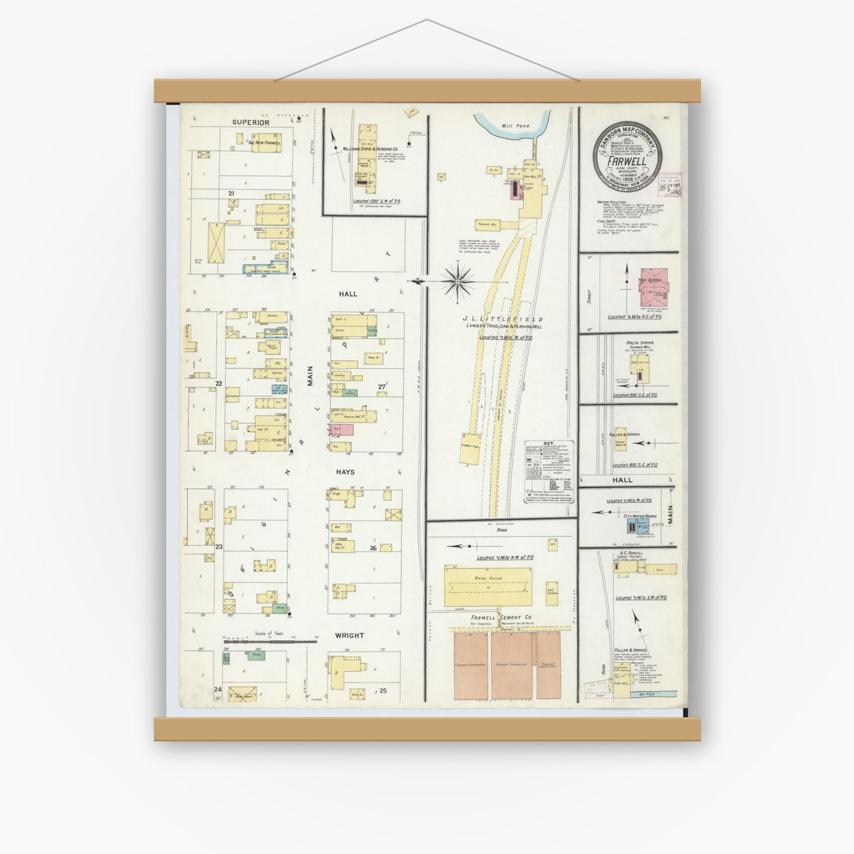 Old map wall art mockup — magnetic wood frame on white wall — Sanborn Fire Insurance Map from Farwell, Clare County, Michigan (1908), Sheet #0001