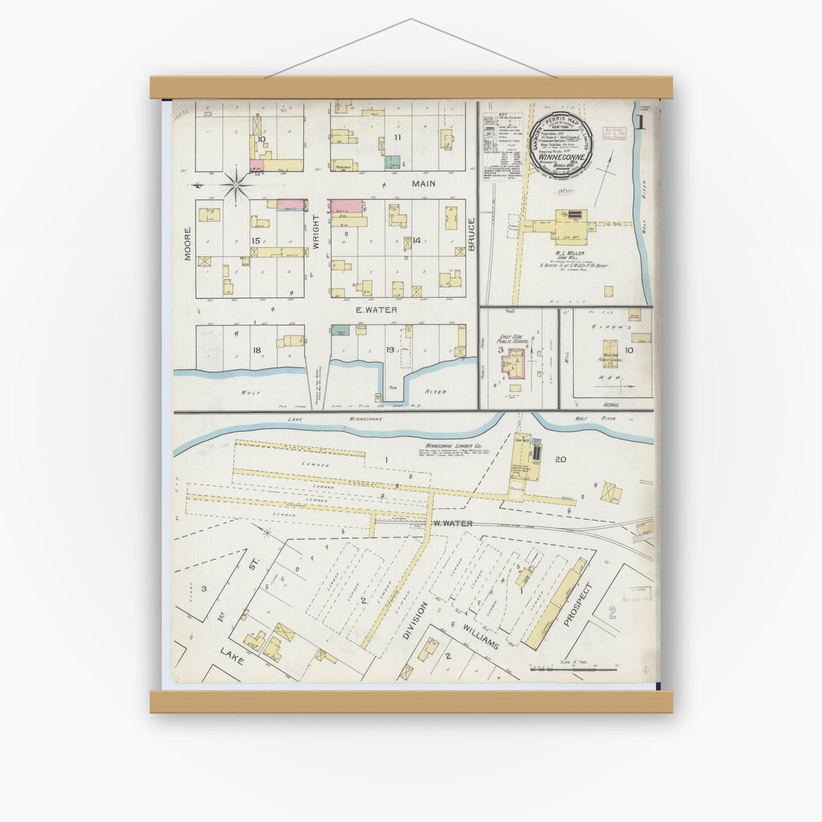 Old map wall art mockup — magnetic wood frame on white wall — Sanborn Fire Insurance Map from Winneconne, Winnebago County, Wisconsin (1893) - Complete Map Set