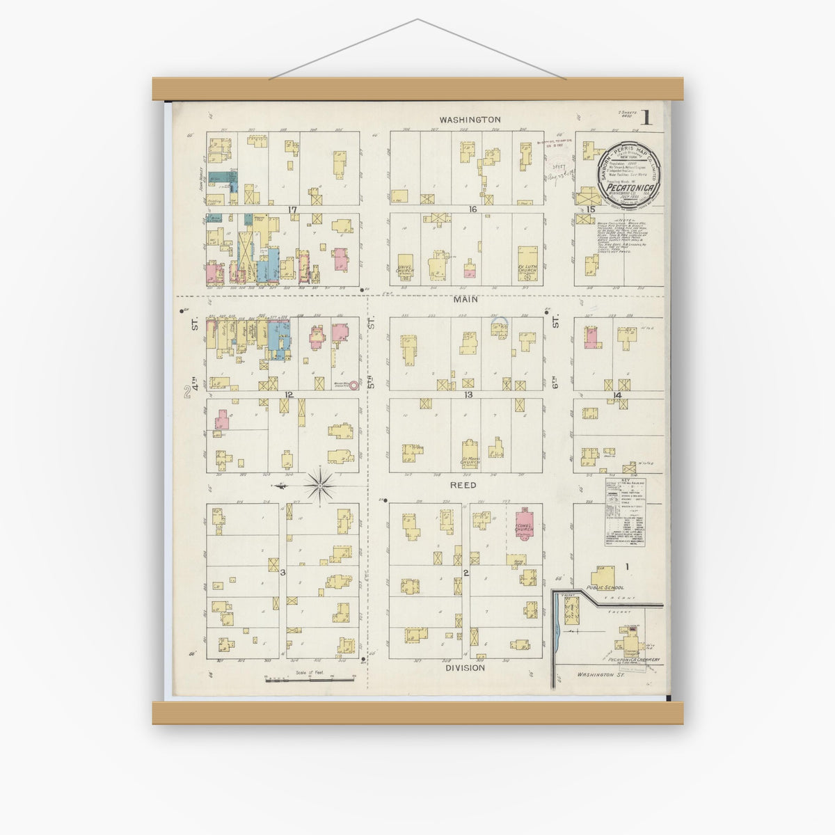 Old map wall art mockup — magnetic wood frame on white wall — Sanborn Fire Insurance Map from Pecatonica, Winnebago County, Illinois (1893), Sheet #0001