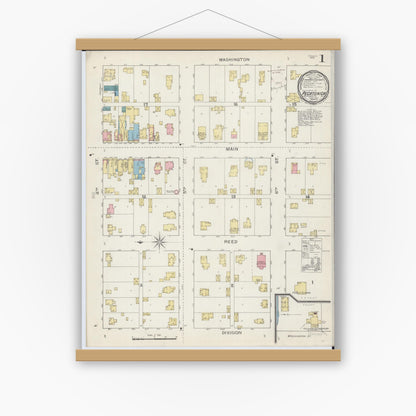 Old map wall art mockup — magnetic wood frame on white wall — Sanborn Fire Insurance Map from Pecatonica, Winnebago County, Illinois (1893), Sheet #0001